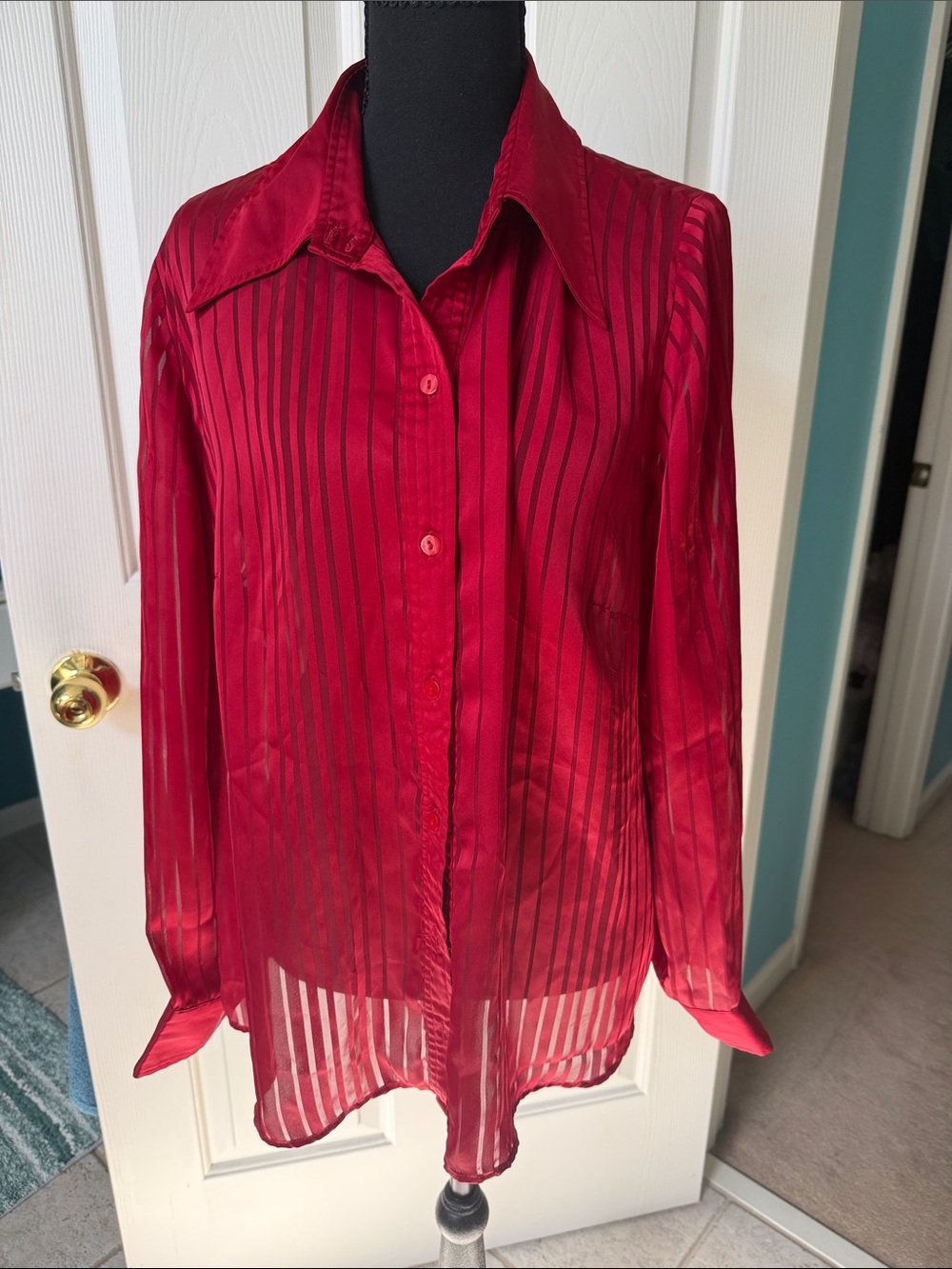 Venezia Red Sheer Striped Button-Down Blouse
